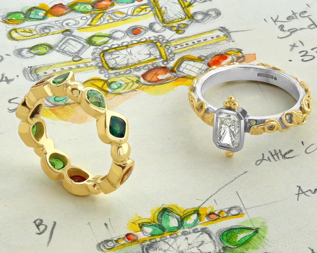Bespoke Tales: Mouth-watering radiant cut diamonds, green tsavorite and mandarin garnet stacking rings.