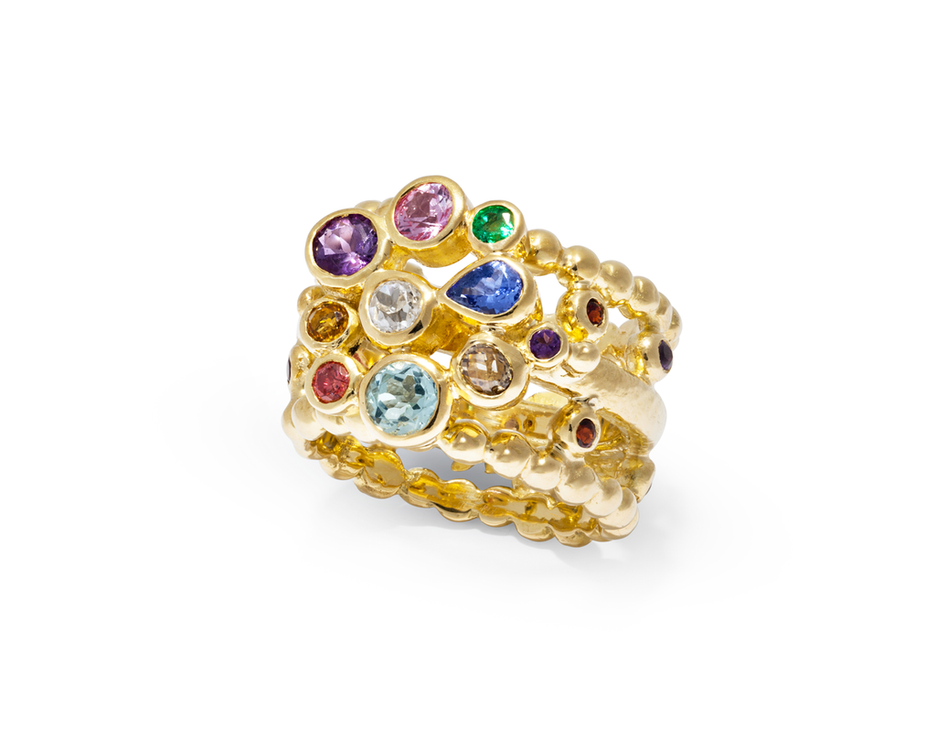 Bespoke Tales: 18ct Gold Bejewelled Ring with Vibrant Coloured Gem Stones